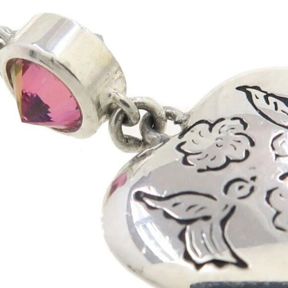 GUCCI Logo Pink Green Stone Heart Drop Stud Earrings Silver 925 Auth - Picture 4 of 11